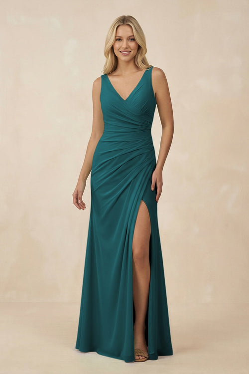 V-Neck Ruched Sheath Bridesmaid Dress with Slit in Pine - SHE IS ME BRIDESMAID DRESSES