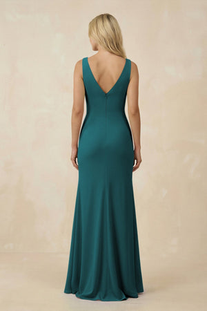 V-Neck Ruched Sheath Bridesmaid Dress with Slit in Pine - SHE IS ME BRIDESMAID DRESSES