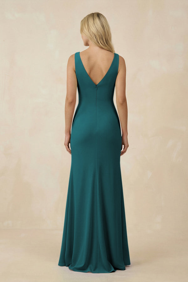 V-Neck Ruched Sheath Bridesmaid Dress with Slit in Pine - SHE IS ME BRIDESMAID DRESSES