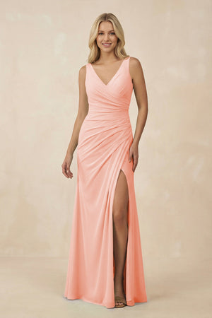 V-Neck Ruched Sheath Bridesmaid Dress with Slit in Rose Petal - SHE IS ME BRIDESMAID DRESSES
