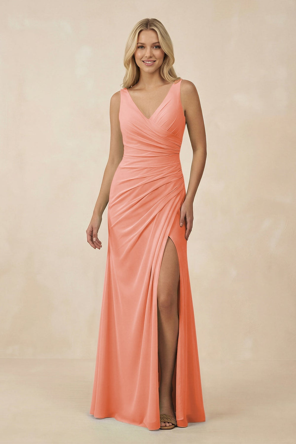 V-Neck Ruched Sheath Bridesmaid Dress with Slit in Rosette - KISS BRIDAL BRIDESMAID DRESSES
