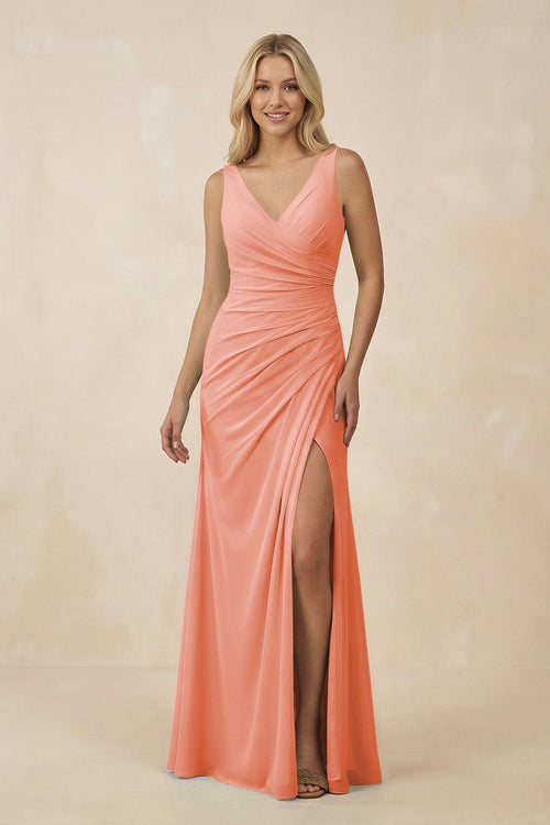 V-Neck Ruched Sheath Bridesmaid Dress with Slit in Rosette - SHE IS ME BRIDESMAID DRESSES