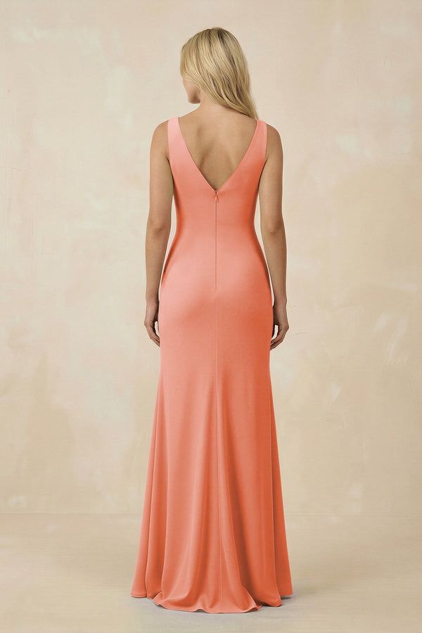 V-Neck Ruched Sheath Bridesmaid Dress with Slit in Rosette - SHE IS ME BRIDESMAID DRESSES