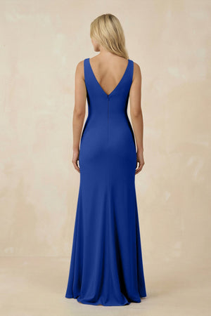 V-Neck Ruched Sheath Bridesmaid Dress with Slit in Royal Blue - SHE IS ME BRIDESMAID DRESSES
