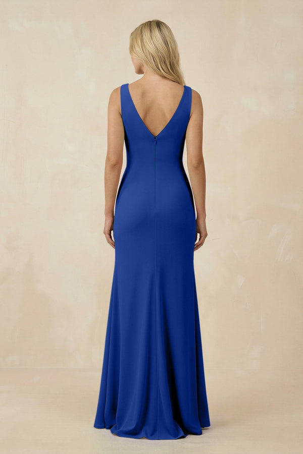 V-Neck Ruched Sheath Bridesmaid Dress with Slit in Royal Blue - SHE IS ME BRIDESMAID DRESSES