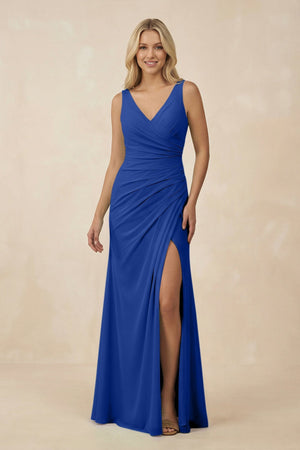 V-Neck Ruched Sheath Bridesmaid Dress with Slit in Royal Blue - SHE IS ME BRIDESMAID DRESSES
