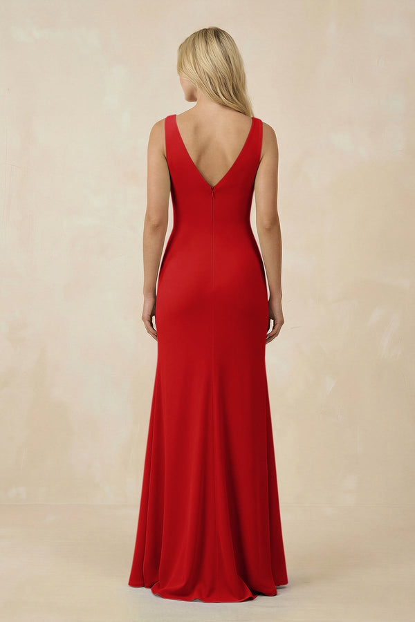 V-Neck Ruched Sheath Bridesmaid Dress with Slit in Ruby Red - SHE IS ME BRIDESMAID DRESSES