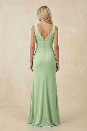 V-Neck Ruched Sheath Bridesmaid Dress with Slit in Sage - SHE IS ME BRIDESMAID DRESSES