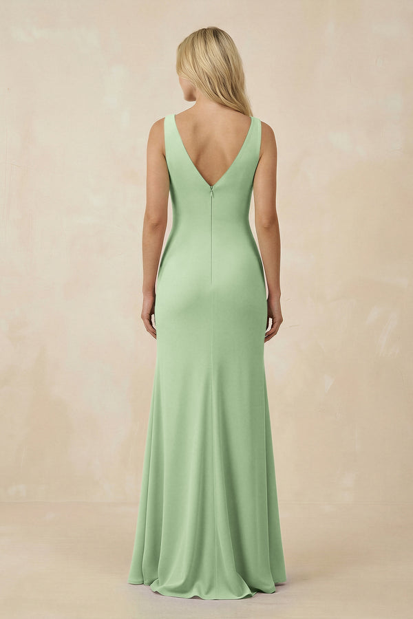 V-Neck Ruched Sheath Bridesmaid Dress with Slit in Sage - SHE IS ME BRIDESMAID DRESSES