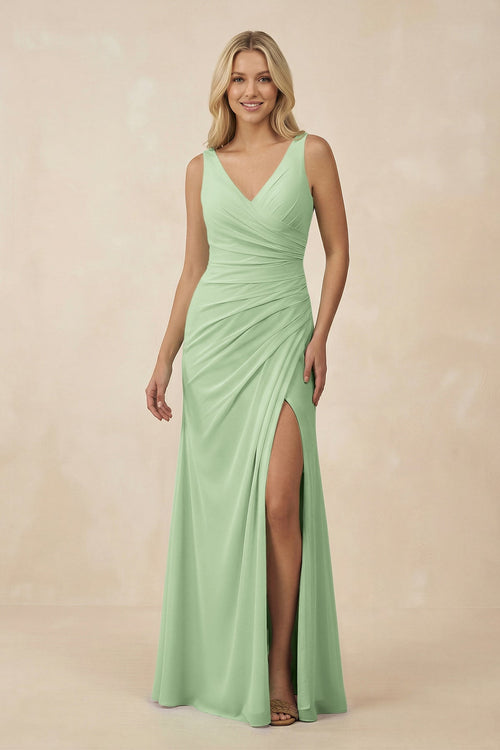 V-Neck Ruched Sheath Bridesmaid Dress with Slit in Sage - SHE IS ME BRIDESMAID DRESSES