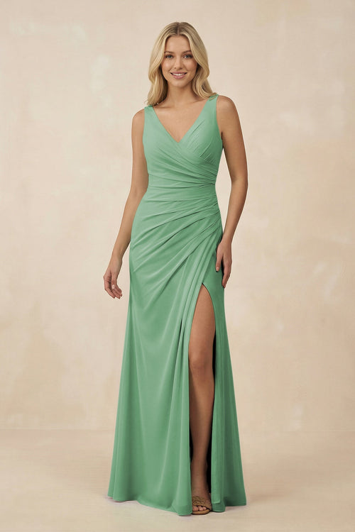 V-Neck Ruched Sheath Bridesmaid Dress with Slit in Sea Glass - SHE IS ME BRIDESMAID DRESSES