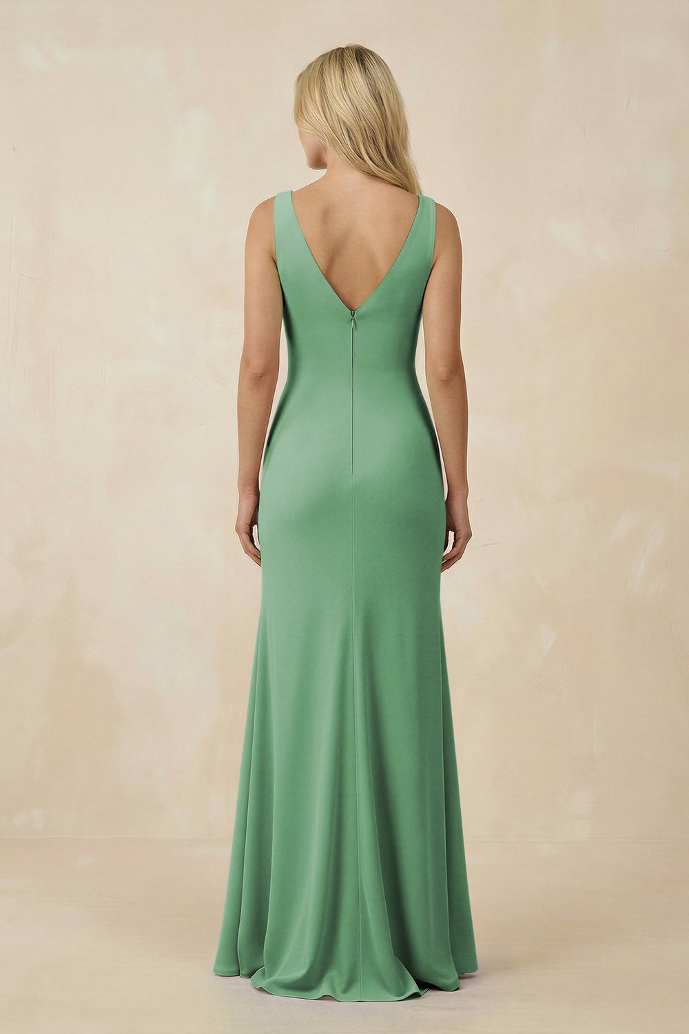V-Neck Ruched Sheath Bridesmaid Dress with Slit in Sea Glass - KISS BRIDAL BRIDESMAID DRESSES