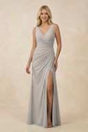 V-Neck Ruched Sheath Bridesmaid Dress with Slit in Silver - SHE IS ME BRIDESMAID DRESSES