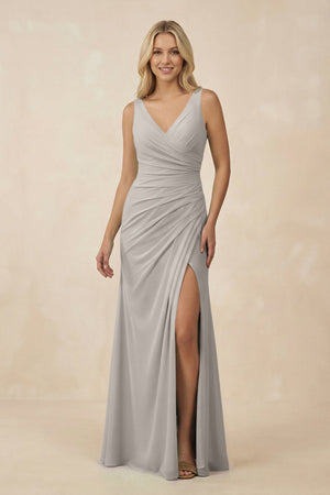 V-Neck Ruched Sheath Bridesmaid Dress with Slit in Silver - SHE IS ME BRIDESMAID DRESSES