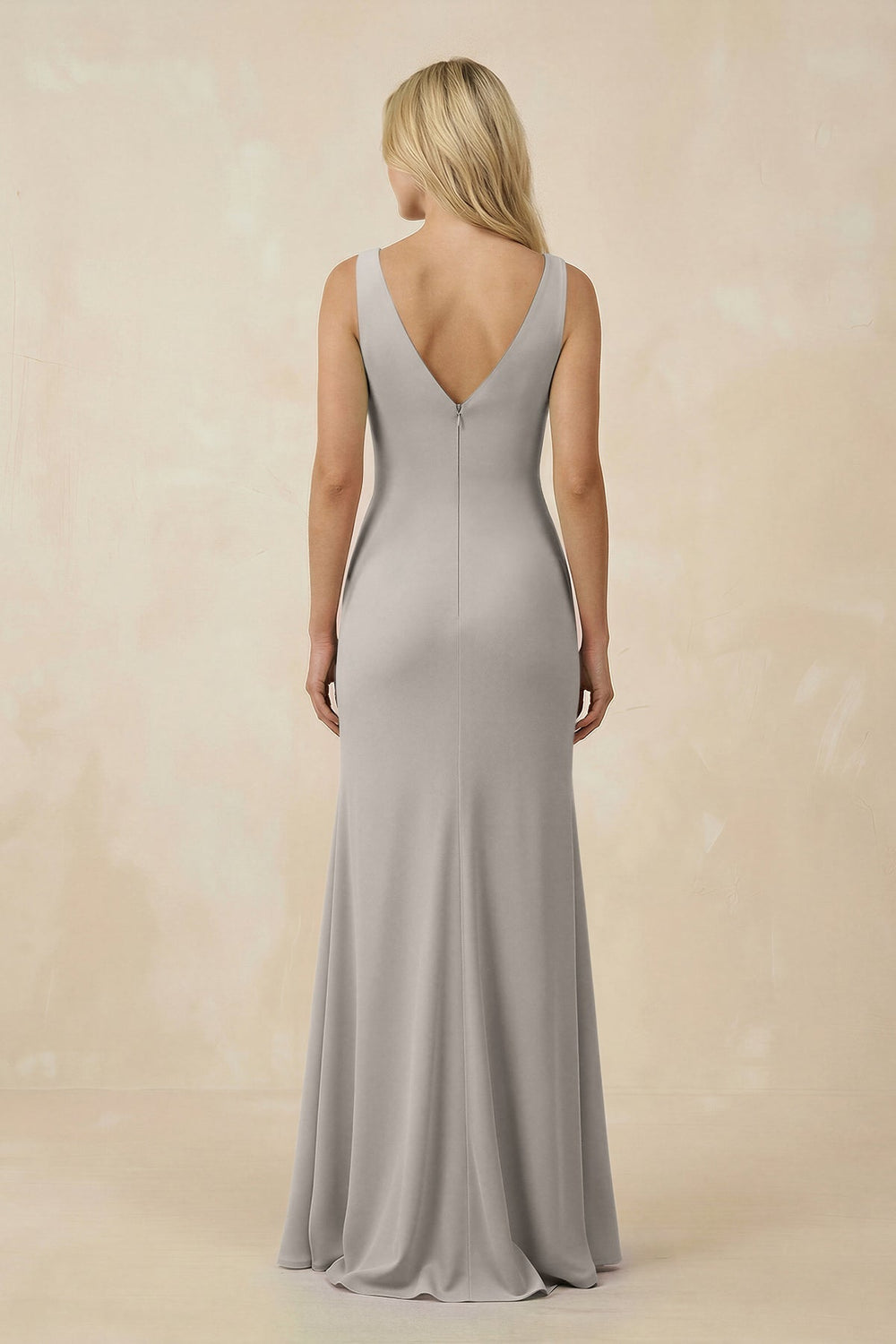 V-Neck Ruched Sheath Bridesmaid Dress with Slit in Silver - KISS BRIDAL BRIDESMAID DRESSES