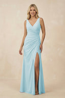 V-Neck Ruched Sheath Bridesmaid Dress with Slit in Sky Blue - SHE IS ME BRIDESMAID DRESSES