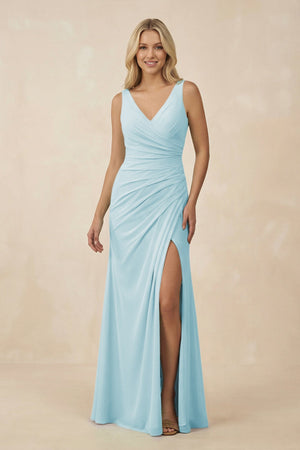 V-Neck Ruched Sheath Bridesmaid Dress with Slit in Sky Blue - SHE IS ME BRIDESMAID DRESSES