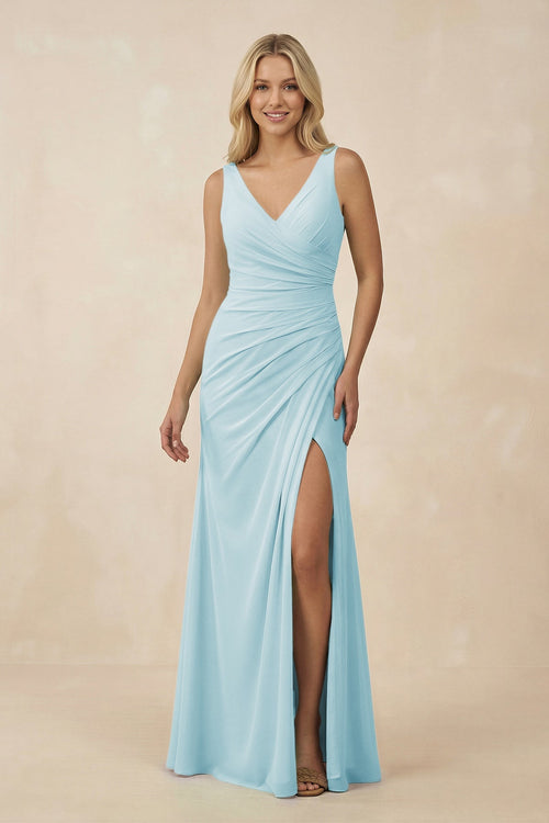 V-Neck Ruched Sheath Bridesmaid Dress with Slit in Sky Blue - SHE IS ME BRIDESMAID DRESSES