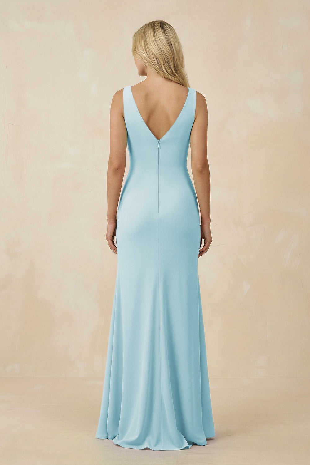 V-Neck Ruched Sheath Bridesmaid Dress with Slit in Sky Blue - KISS BRIDAL BRIDESMAID DRESSES