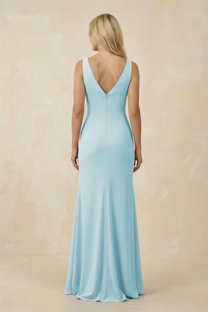 V-Neck Ruched Sheath Bridesmaid Dress with Slit in Sky Blue - SHE IS ME BRIDESMAID DRESSES