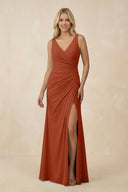 V-Neck Ruched Sheath Bridesmaid Dress with Slit in Spice - SHE IS ME BRIDESMAID DRESSES