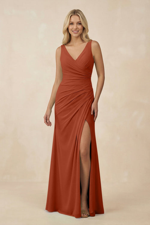 V-Neck Ruched Sheath Bridesmaid Dress with Slit in Spice - SHE IS ME BRIDESMAID DRESSES