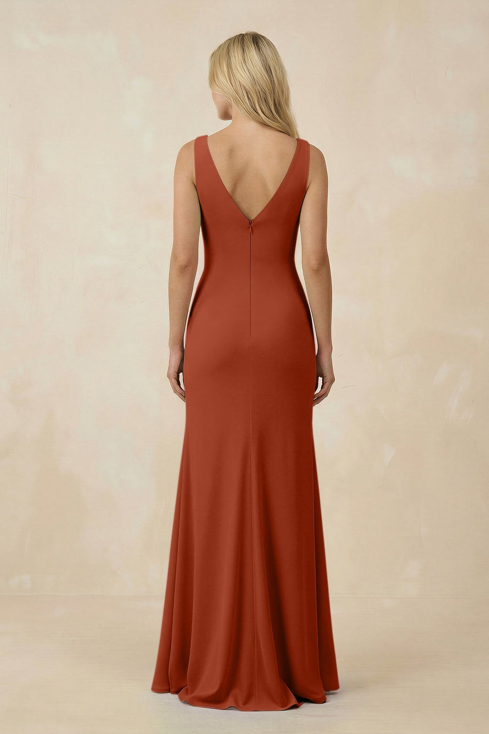V-Neck Ruched Sheath Bridesmaid Dress with Slit in Spice - SHE IS ME BRIDESMAID DRESSES