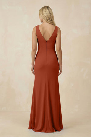 V-Neck Ruched Sheath Bridesmaid Dress with Slit in Spice - SHE IS ME BRIDESMAID DRESSES