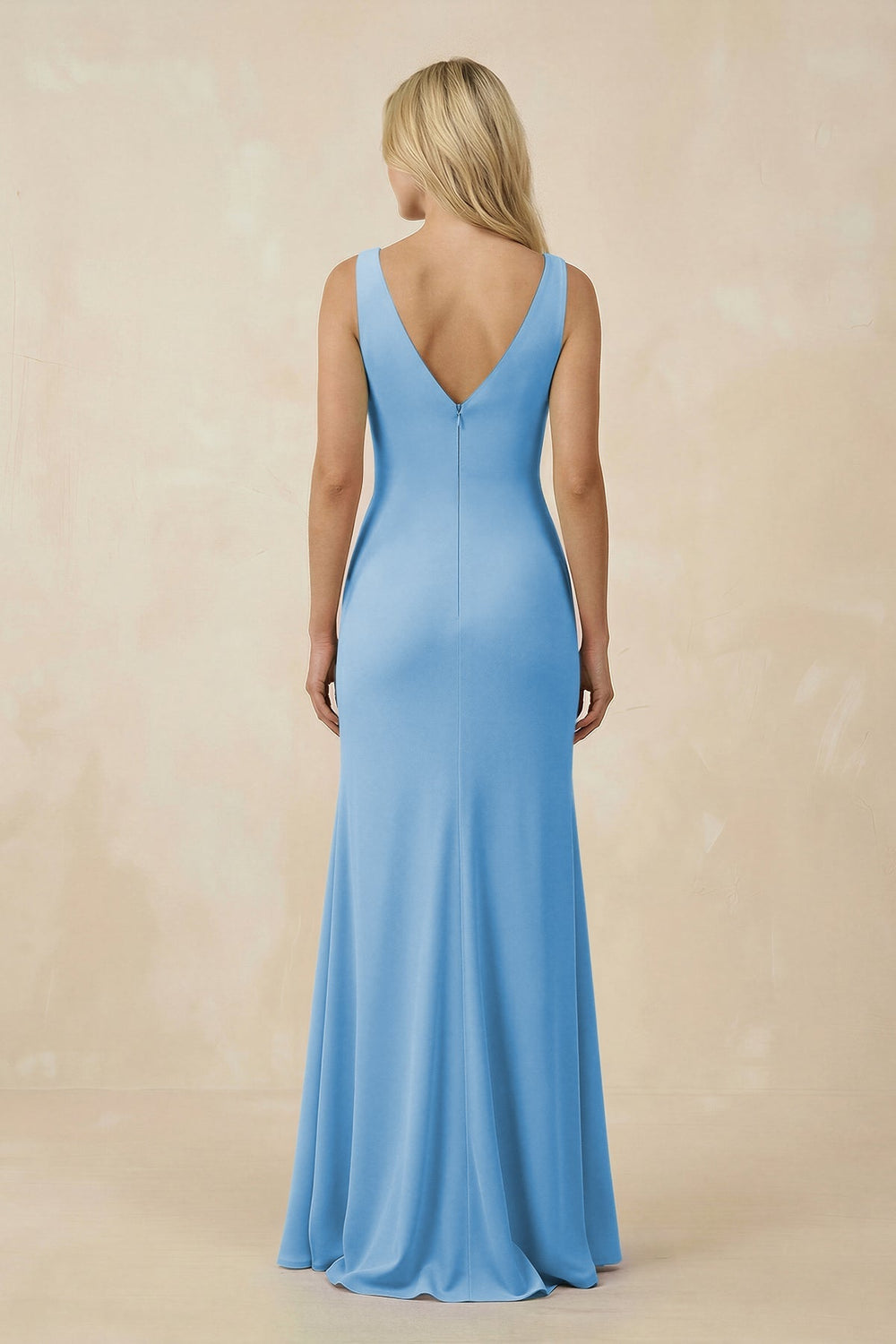 V-Neck Ruched Sheath Bridesmaid Dress with Slit in Steel Blue - KISS BRIDAL BRIDESMAID DRESSES