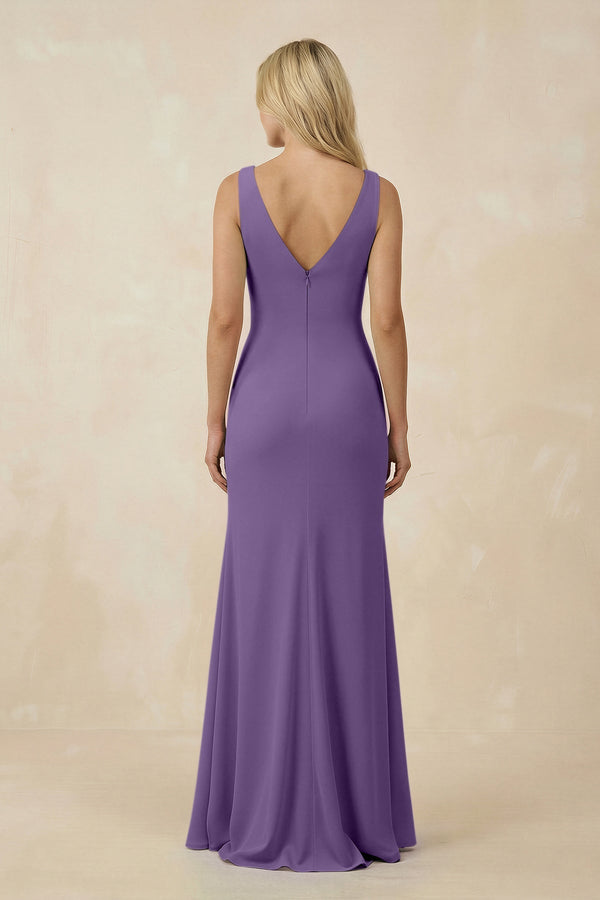 V-Neck Ruched Sheath Bridesmaid Dress with Slit in Tahiti - SHE IS ME BRIDESMAID DRESSES