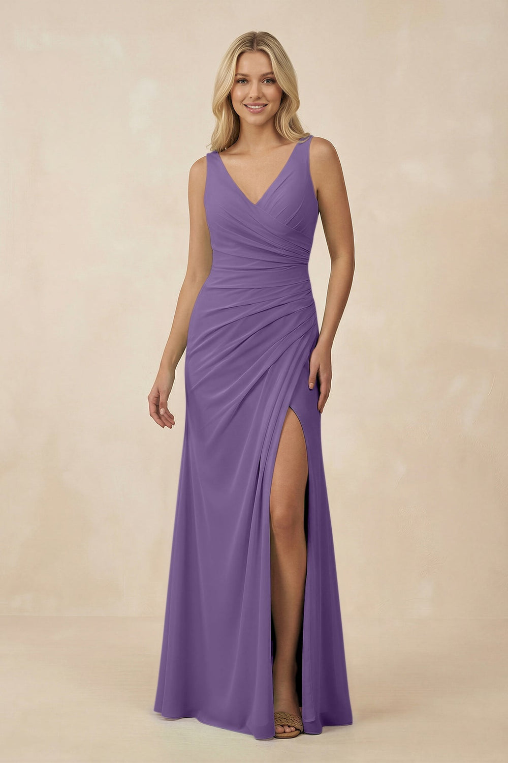 V-Neck Ruched Sheath Bridesmaid Dress with Slit in Tahiti - KISS BRIDAL BRIDESMAID DRESSES