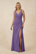 V-Neck Ruched Sheath Bridesmaid Dress with Slit in Tahiti - SHE IS ME BRIDESMAID DRESSES
