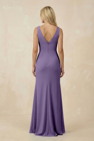 V-Neck Ruched Sheath Bridesmaid Dress with Slit in Tahiti - KISS BRIDAL BRIDESMAID DRESSES