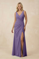 V-Neck Ruched Sheath Bridesmaid Dress with Slit in Tahiti - KISS BRIDAL BRIDESMAID DRESSES