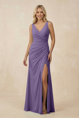 V-Neck Ruched Sheath Bridesmaid Dress with Slit in Tahiti - KISS BRIDAL BRIDESMAID DRESSES