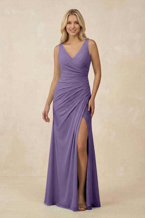 V-Neck Ruched Sheath Bridesmaid Dress with Slit in Tahiti - KISS BRIDAL BRIDESMAID DRESSES