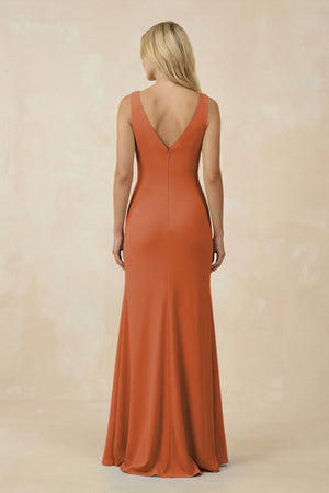 V-Neck Ruched Sheath Bridesmaid Dress with Slit in Terracotta - SHE IS ME BRIDESMAID DRESSES