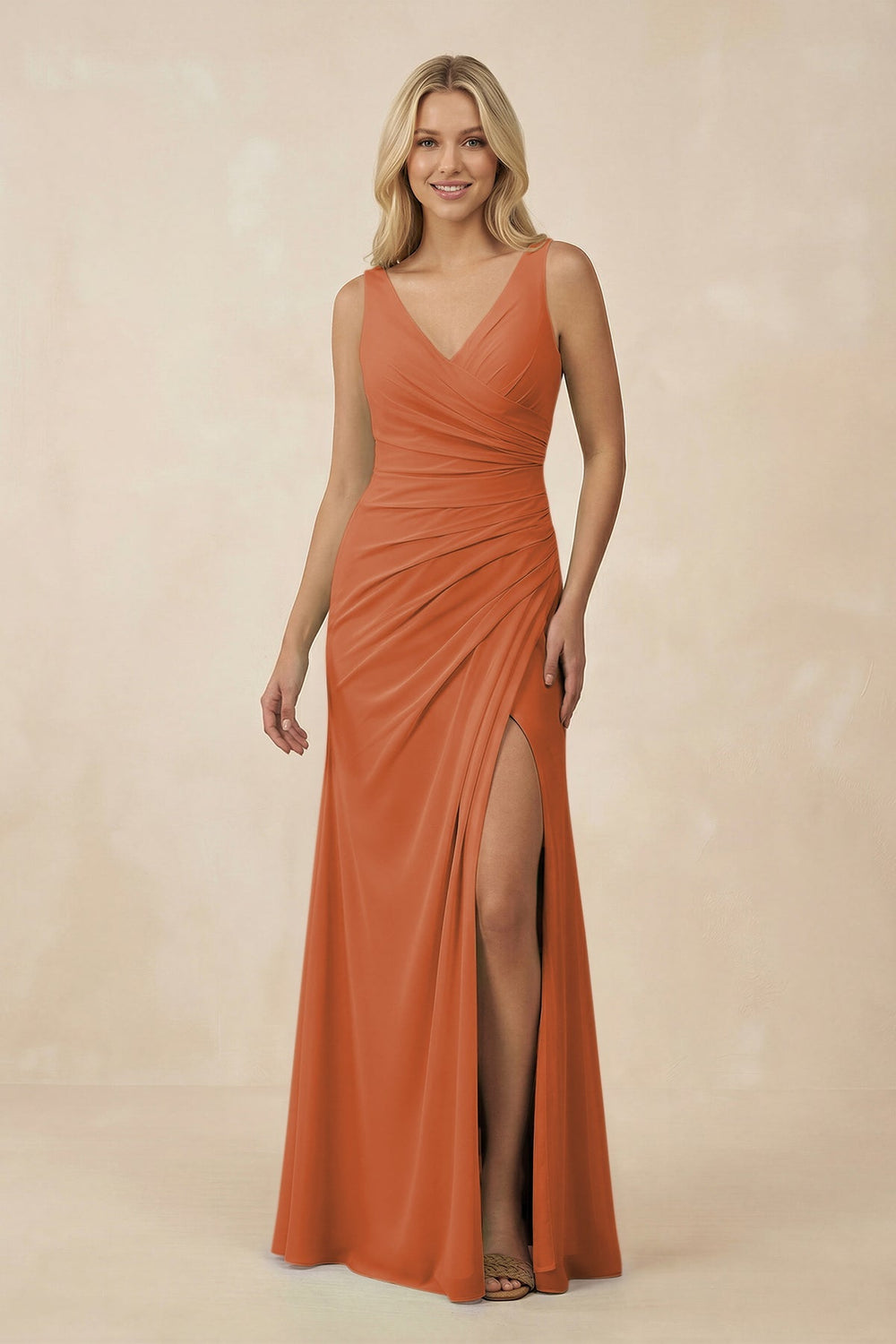 V-Neck Ruched Sheath Bridesmaid Dress with Slit in Terracotta - KISS BRIDAL BRIDESMAID DRESSES