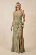V-Neck Ruched Sheath Bridesmaid Dress with Slit in Thyme - SHE IS ME BRIDESMAID DRESSES