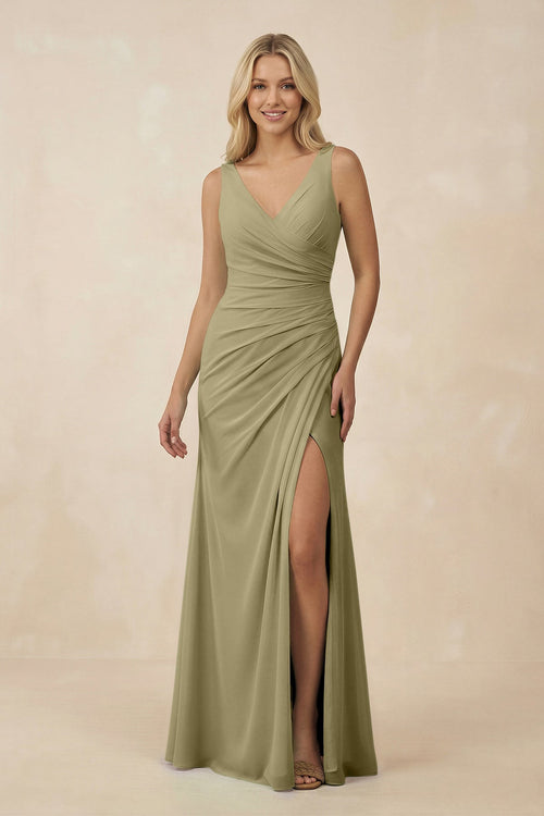V-Neck Ruched Sheath Bridesmaid Dress with Slit in Thyme - SHE IS ME BRIDESMAID DRESSES