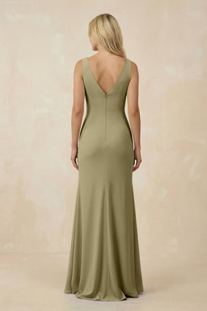 V-Neck Ruched Sheath Bridesmaid Dress with Slit in Thyme - SHE IS ME BRIDESMAID DRESSES