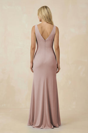 V-Neck Ruched Sheath Bridesmaid Dress with Slit in Toffee (2) | KISSBRIDAL