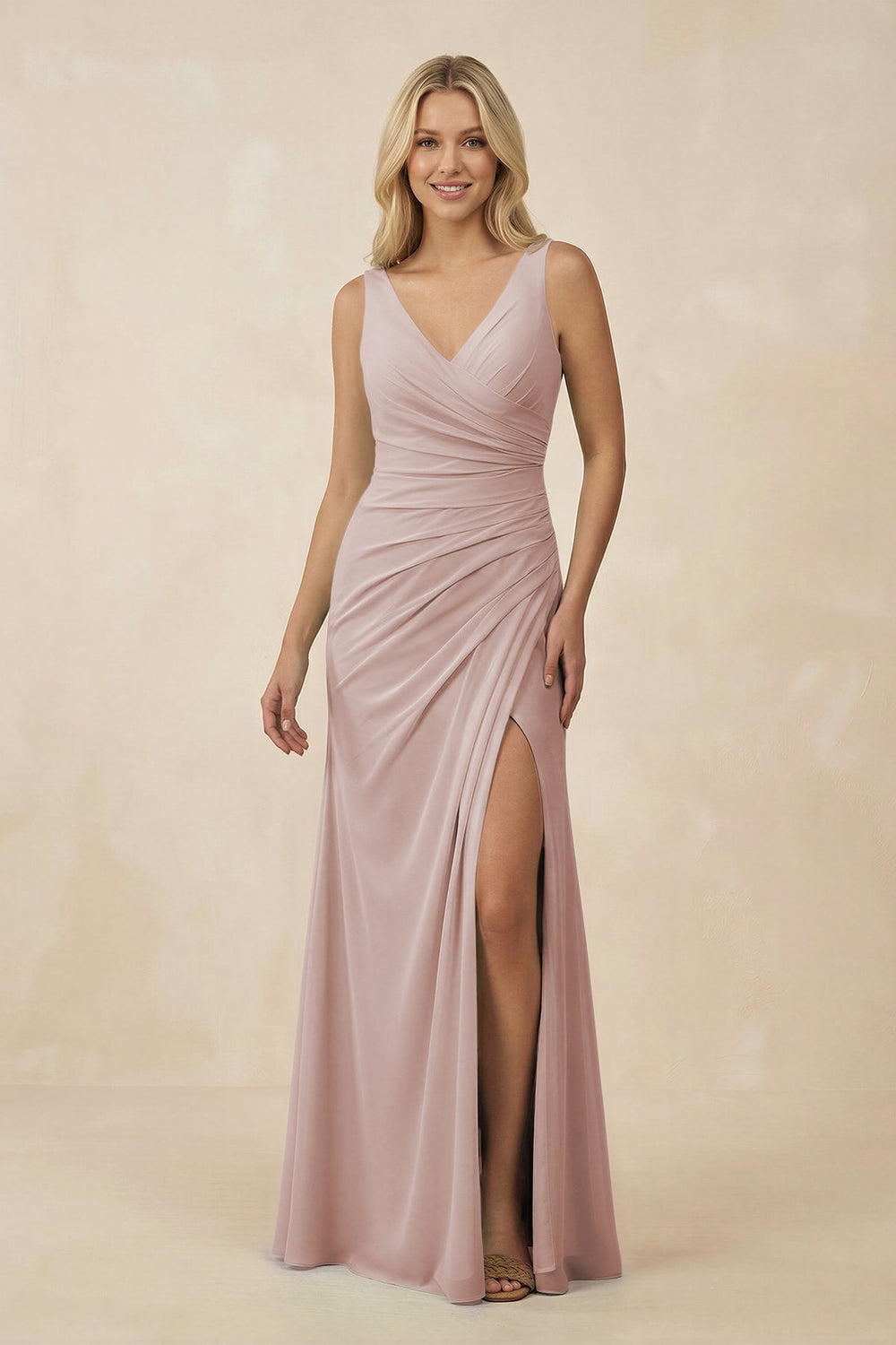 V-Neck Ruched Sheath Bridesmaid Dress with Slit in Toffee - KISS BRIDAL BRIDESMAID DRESSES