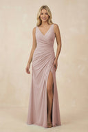 V-Neck Ruched Sheath Bridesmaid Dress with Slit in Toffee - SHE IS ME BRIDESMAID DRESSES