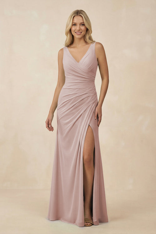 V-Neck Ruched Sheath Bridesmaid Dress with Slit in Toffee - SHE IS ME BRIDESMAID DRESSES