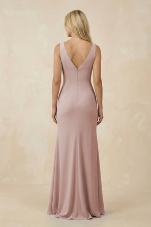 V-Neck Ruched Sheath Bridesmaid Dress with Slit in Toffee - SHE IS ME BRIDESMAID DRESSES