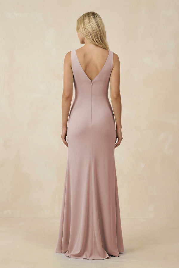 V-Neck Ruched Sheath Bridesmaid Dress with Slit in Toffee - SHE IS ME BRIDESMAID DRESSES