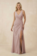 V-Neck Ruched Sheath Bridesmaid Dress with Slit in Toffee | KISSBRIDAL