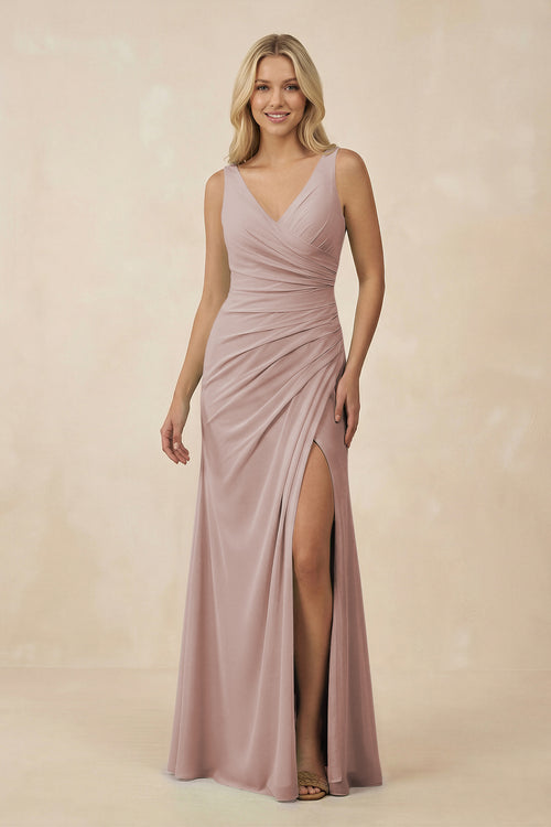 V-Neck Ruched Sheath Bridesmaid Dress with Slit in Toffee | KISSBRIDAL