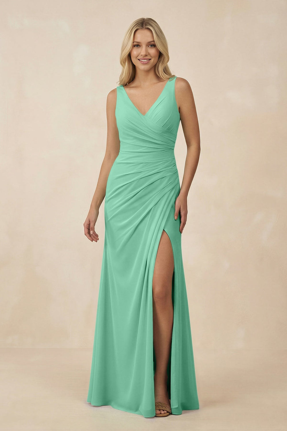 V-Neck Ruched Sheath Bridesmaid Dress with Slit in Turquoise - KISS BRIDAL BRIDESMAID DRESSES